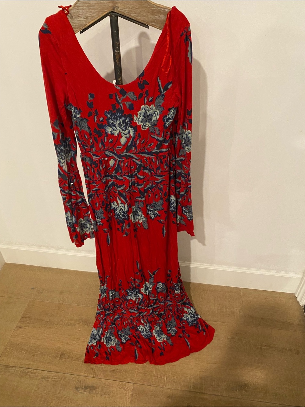 Free People Red Floral V-Back Long Sleeve Maxi Dress